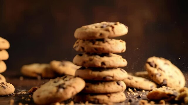 Freshly baked chocolate chip cookies stack with one cookie breaking apart and flying. Debris and crumbs floating in the air. Food photography.