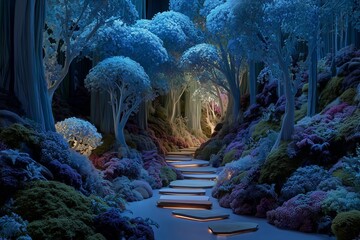 Enchanted Crystal Forest with Bioluminescent Moss, Feather-Tailed Foxes, and Floating Path to Glowing Cave