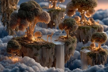 Surreal Floating Islands with Upward Waterfalls and Magical Creatures – Fantasy Ecosystem in Golden Hour Sky