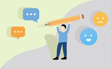Customer writes feedback. A person holding a pencil with a comment box and expressions. Vector illustration.