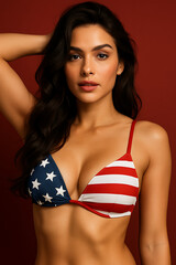 National bikini day, captivating close-up of a stunning woman showcasing an american flag print bikini top, embodying freedom and spirited summer vibes