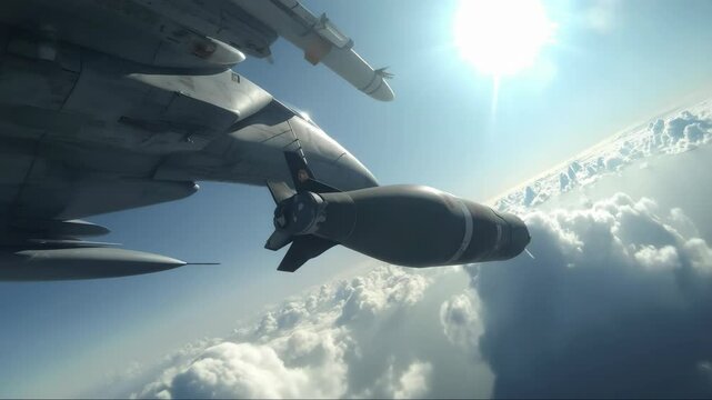 Jet fighter dropping bomb from high altitude, military strike above clouds in sunlight