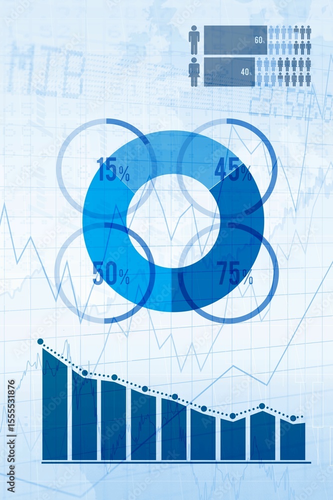 Poster flat design data dashboard showing four-segment donut chart and bar graphs with silhouette icons