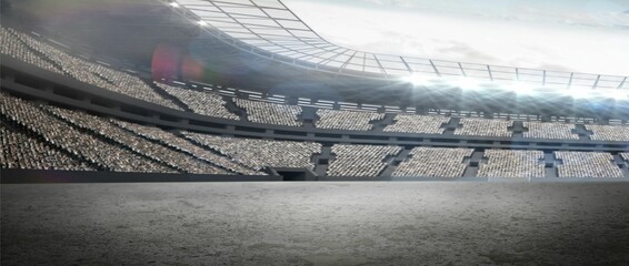 Empty playing surface is being shown in flat design arena interior, with tiered seats, lens flare