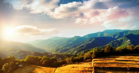 Flat design scene is showing terraced farmland in warm light, green trees, mountains, village