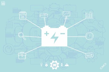 White battery icon is being shown on teal flat design infographic with data icons, gear outlines