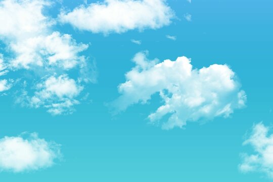 Fototapeta Displaying fluffy white cumulus cloud floating in flat design turquoise sky with scattered clouds