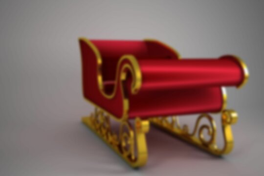 Fototapeta Displaying 3D sleigh with red upholstery, gold ornate runners and curled armrests on grey backdrop
