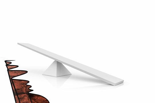 White plank is tilting on triangular base in flat design above red chasm in white studio