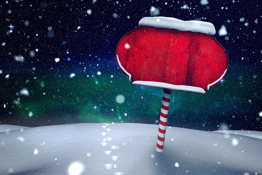 Fototapeta Flat design is showing red snow-trimmed sign on candy-stripe post beside footprints under aurora