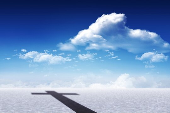 Fototapeta Cross-shaped shadow is stretching across white plain in flat style under sky with cumulus clouds