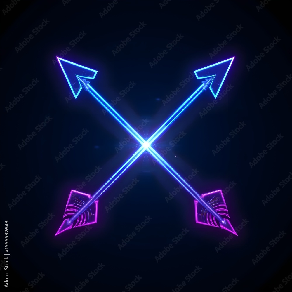 Poster crossed neon arrows pointing in opposite directions against a dark black background design element