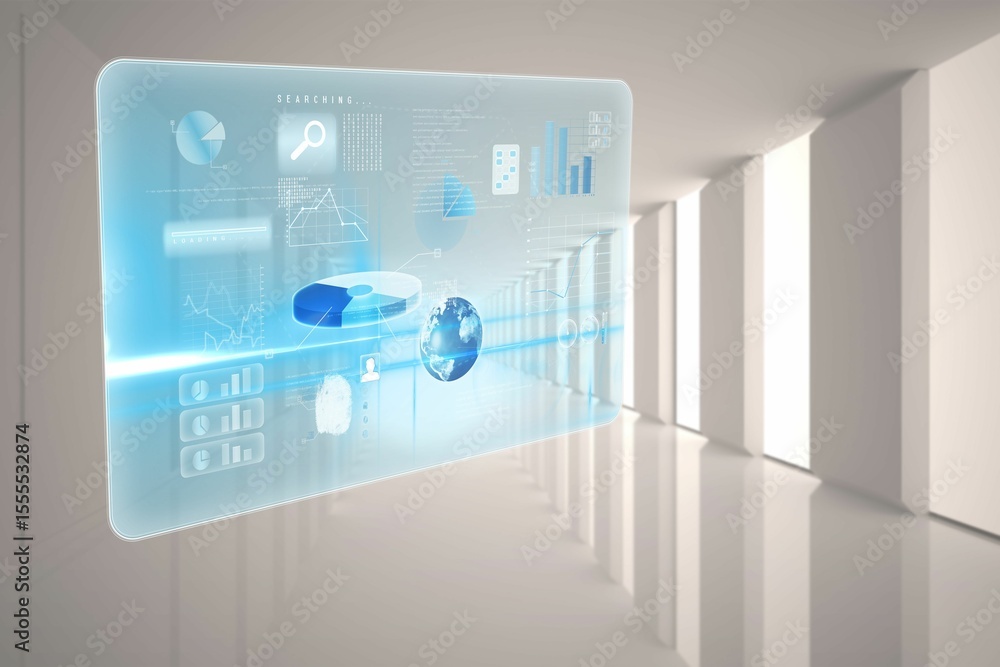 Poster 3d holographic interface is floating in high-tech hall displaying charts, globe, icons, data blocks