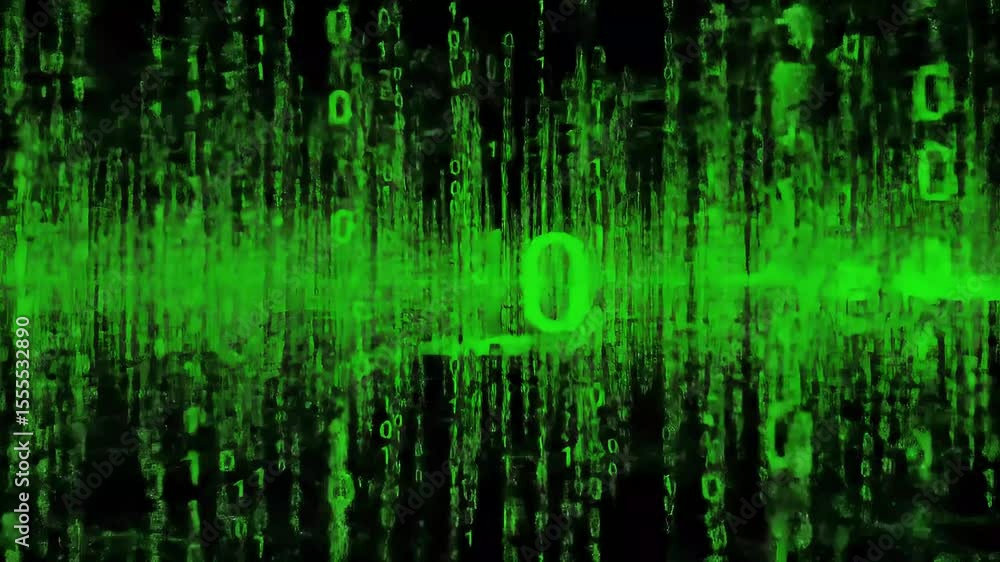 Poster green binary code rain with the word ok in the center of the digital stream effect graphic