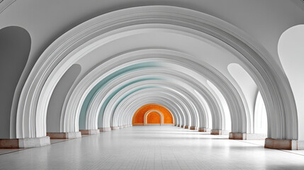 Modern Gallery Art Interior with White Marble and Walls Floor concept. Futuristic white hallway with arched ceiling, clean architectural design and orange accent door