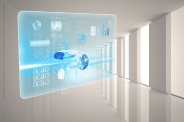 3D holographic interface is floating in high-tech hall displaying charts, globe, icons, data blocks