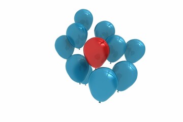 Glossy 3D-rendered blue and red latex balloons are floating against white backdrop, copy space