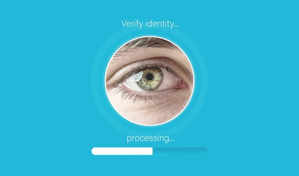 Showing iris scanning in flat-design circular frame with green-hazel eye and progress bar on cyan