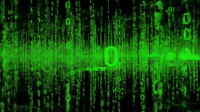 Green binary code rain with the word ok in the center of the digital stream effect graphic