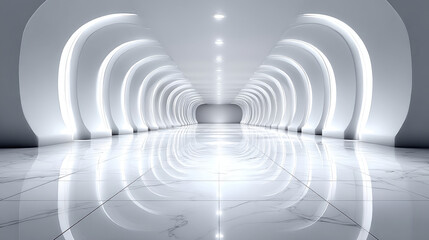 Fototapeta premium Modern Gallery Art Interior with White Marble and Walls Floor concept. Futuristic white hallway with arched lights, glossy marble floor and high ceiling symmetry