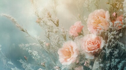 Dreamy Bouquet of Peach Roses and Delicate Wildflowers