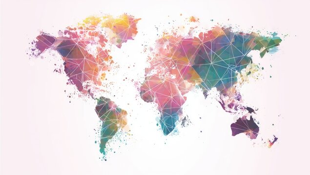 Abstract world map with vibrant colors and polygonal shapes - Powered by Adobe
