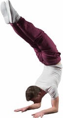 Teenager is balancing on forearms in flat design wearing burgundy pants, white shoes, copy space