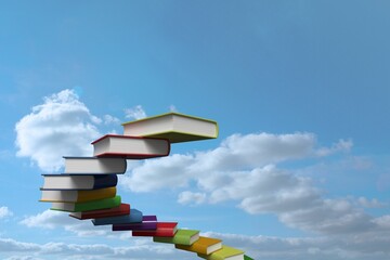 Hardcover books are forming curved ascending staircase through blue sky in flat design, copy space