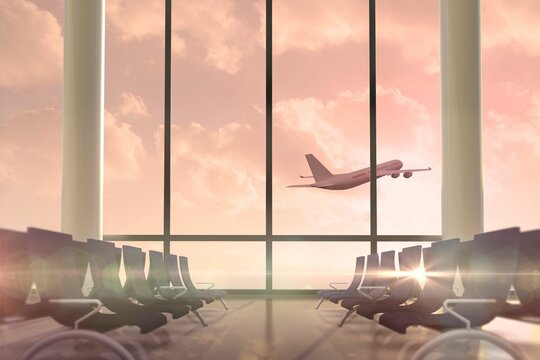 Fototapeta Airplane flying past departures lounge window