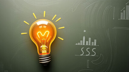 A glowing lightbulb with radiating lines sits on a green chalkboard, accompanied by chalk drawings of graphs, cityscapes, and the word "success."