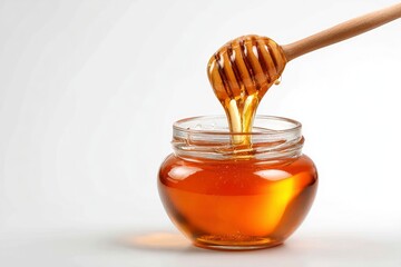 Honey dripping from a dipper into a clear jar