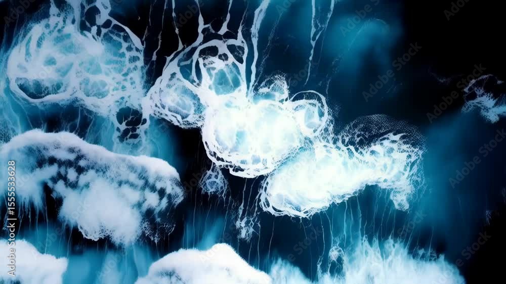 Poster aerial view of turquoise ocean surface with white foam, creating abstract liquid shapes and patterns
