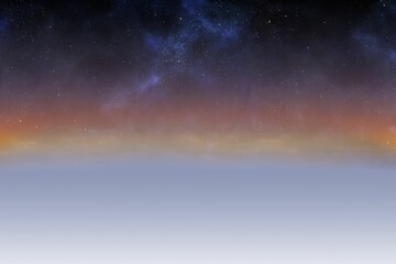 Starry cosmic sky is unfolding in flat vector design, with wispy nebula clouds and gradient