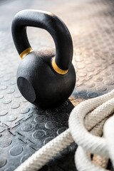 High angle view of kettlebell and rope