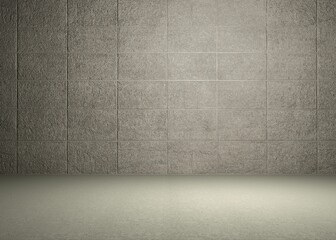 Minimalist 3D render space is featuring textured gray tiled wall meeting smooth floor by soft light