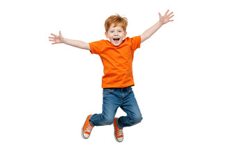 Isolated Joyful Redhead Boy Jumping High