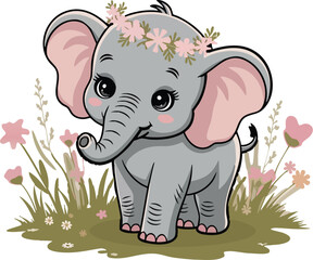 Cute Baby Elephant with Flower Crown Illustration.