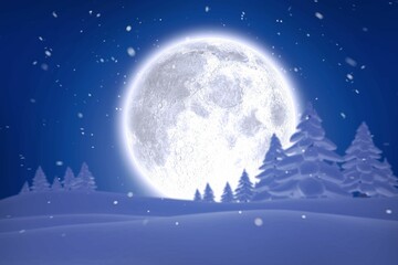 Glowing full moon is rising over snowy pine slopes while snowflakes are falling in flat design