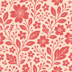 Fototapeta premium Seamless floral pattern with flat red flowers and leaves on a soft background, offering a bold yet charming vintage feel.