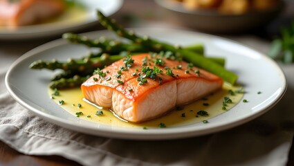 Seared salmon fillet glistens beside steamed asparagus, adorned with fresh parsley and savory sauce.