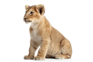 Obraz premium Lion cub sitting light fur looking left clear background
