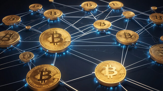 Golden bitcoins connected by glowing lines form a network representing blockchain technology and decentralized finance.
