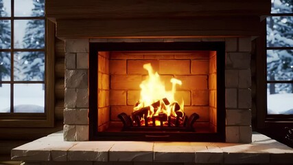 Cozy fireplace with burning logs inside a rustic cabin on a snowy winter day background view - Powered by Adobe