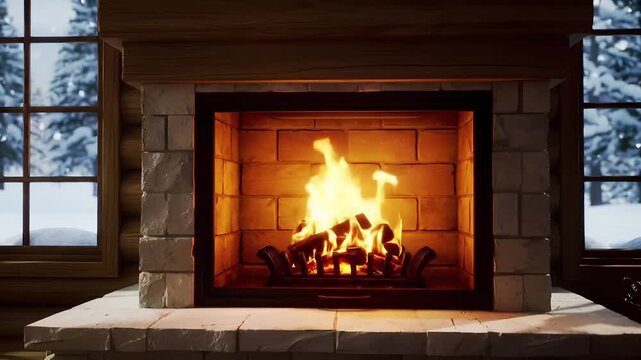 Cozy fireplace with burning logs inside a rustic cabin on a snowy winter day background view