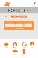 Orange booking form is being shown in flat webpage design, with form fields and orange icons