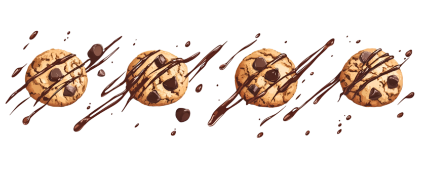 Delicious chocolate chip cookies drizzled with rich chocolate sauce on a transparent background, perfect for dessert promotions and baking concepts.
