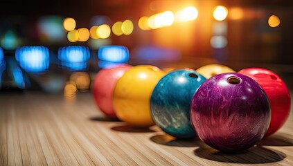 Bowling balls on lane in dimly lit alley