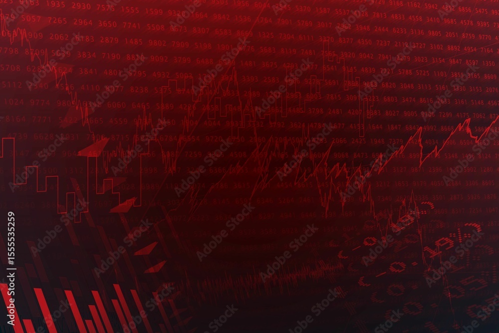 Poster trading display is showing dark red gradient with data overlay, candlesticks, charts and arrows