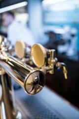 Brass beer tap tower is reflecting blue glow in 3D render with drip tray, blurred bartender