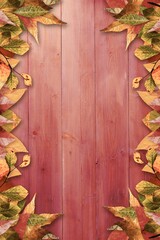 Rustic wooden planks are showing reddish tone, bordered by overlapping autumn leaves in flat design